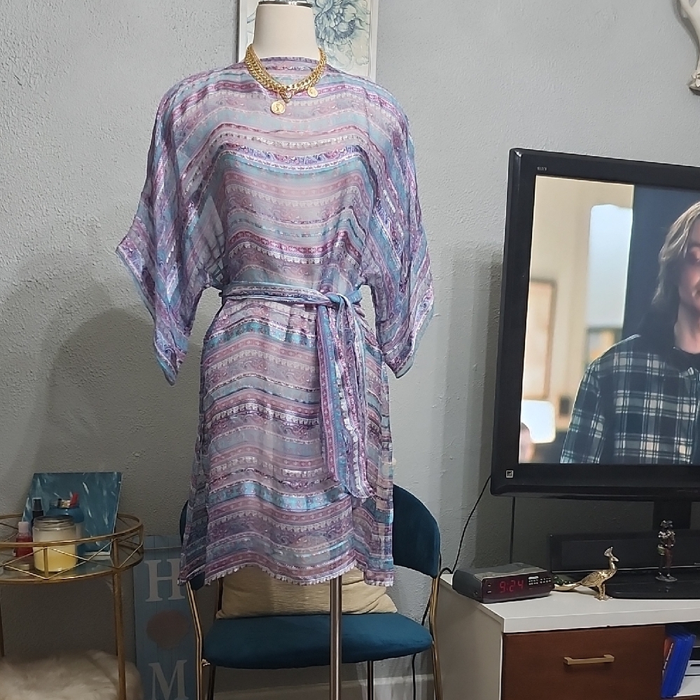 Sheer Multicolor Kimono Swim Cover W/Belt Or Scarf Sz.Small-Medium